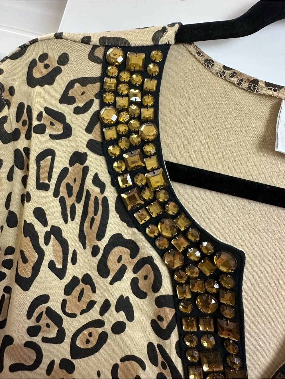 ⭐️DG2 by Diane Gilman Leopard Print Long Sleeve Top with Gold Beaded V-Neck